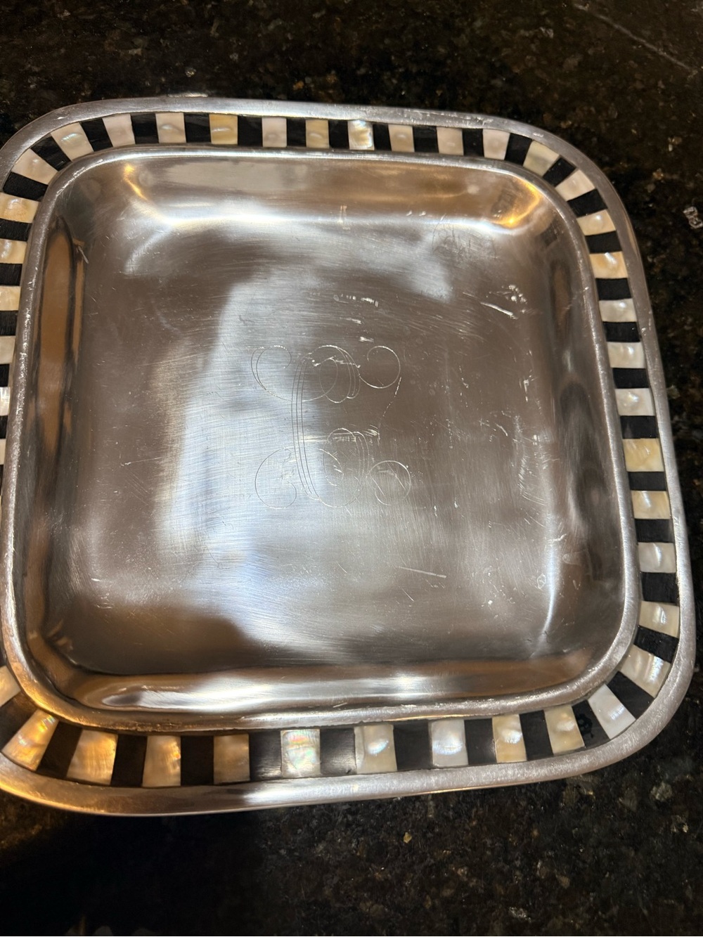 Silver Decorative Square Serving Tray with Black and White Inlay and C monogram